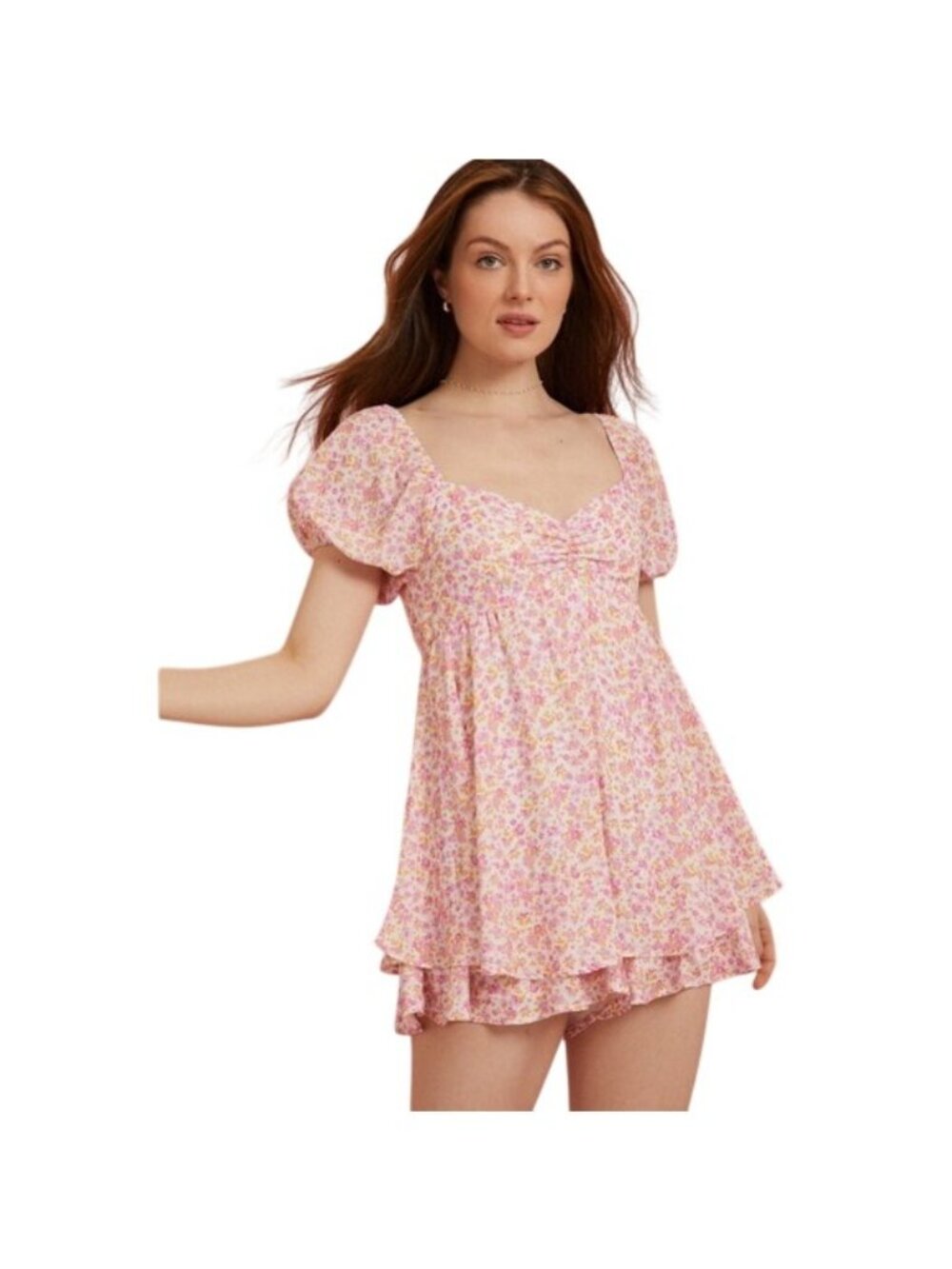 Altar’d State Renae Floral Ruffle Trim Romper Pink Size L Cottagecore Boho Cute